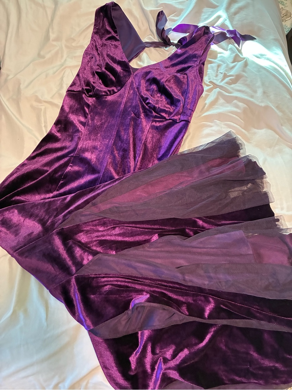 NWT Purple Velvet Formal dress with mermaid skirt and back tie detail